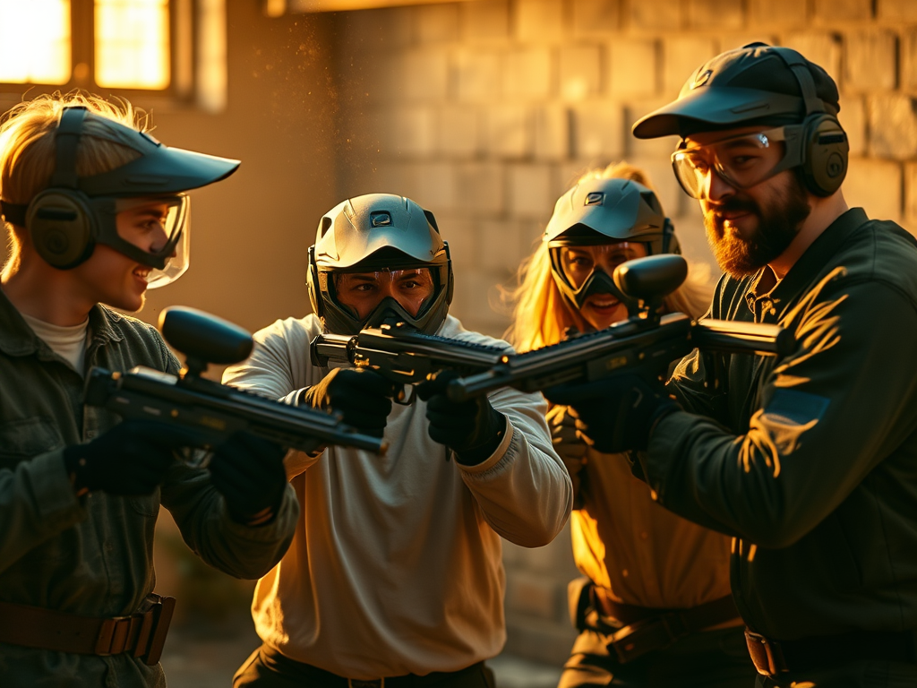 A staged paintball “team‑building” scene showing four people in full protective gear aiming paintball markers at one another in warm sunlight. The group stands close together against a brick wall, posed for competitive play rather than genuine collaboration.