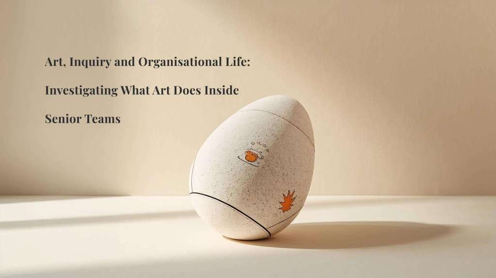 A large textured egg‑shaped form containing layered images and line drawings, used to illustrate art‑based team dynamics and organisational inquiry.