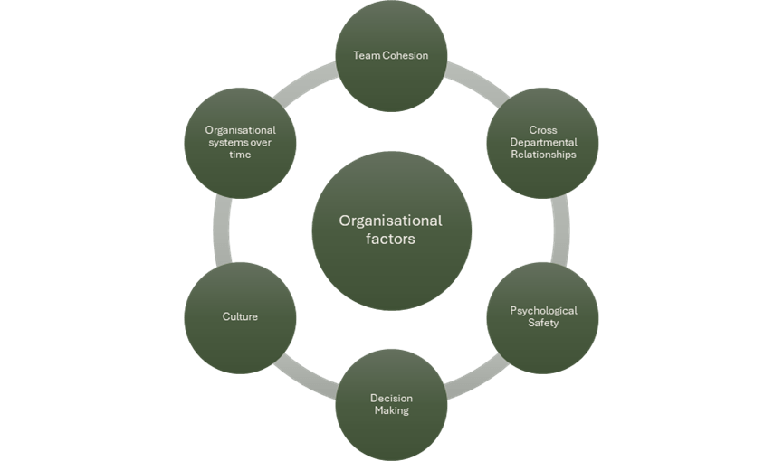 Diagram illustrating the relationship between team cohesion and cross‑departmental collaboration. It shows how psychological safety, culture, decision making, and organisational systems interact over time.