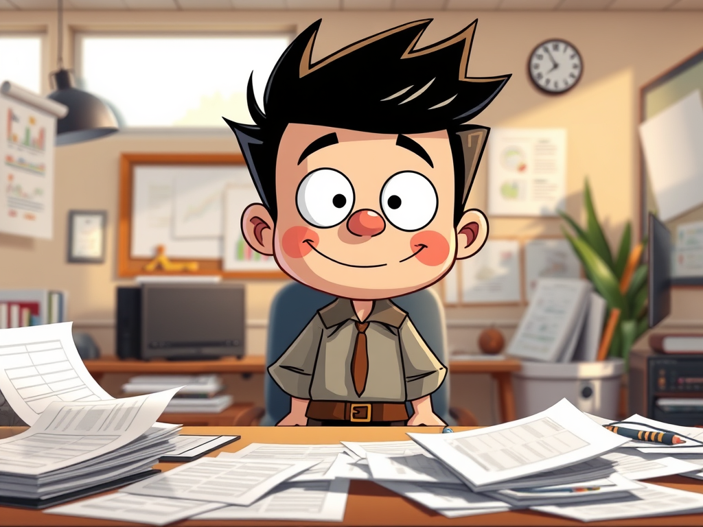 A cheerful cartoon-style office worker standing behind a cluttered desk, surrounded by papers, charts, and a computer in a bright workplace setting