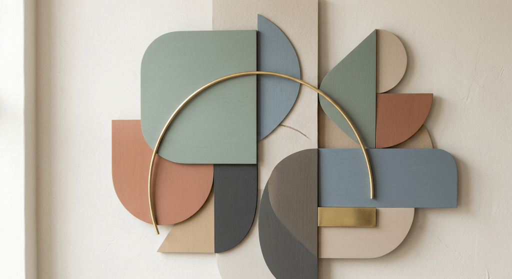 Abstract wall art composed of pastel-colored geometric shapes with a brass arc