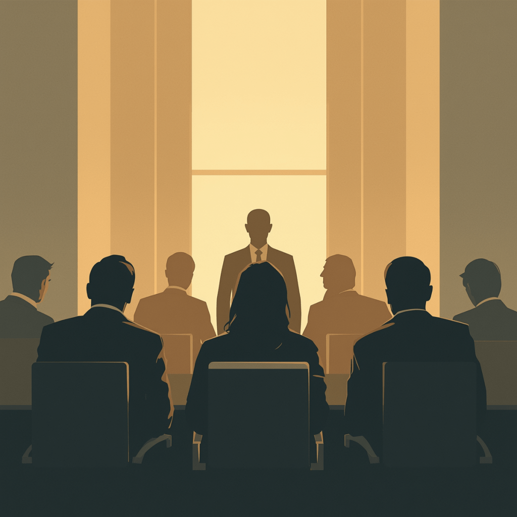 A meeting scene with a central figure standing before a group, illuminated by soft natural light through tall windows.