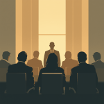 A meeting scene with a central figure standing before a group, illuminated by soft natural light through tall windows.